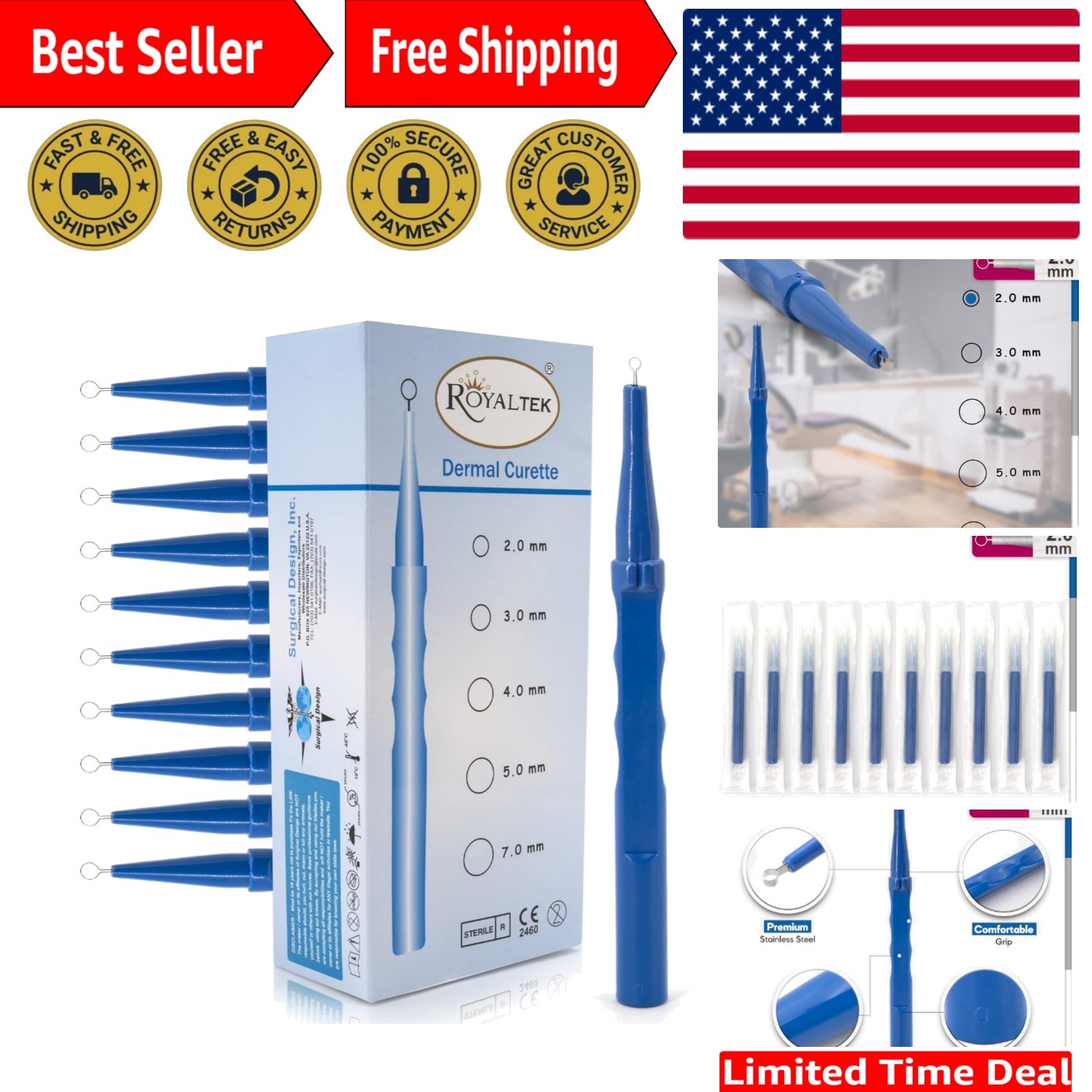 Sterile Disposable Dermal Curettes, Box of 10 – 2.00 mm with Easy Peel Packing