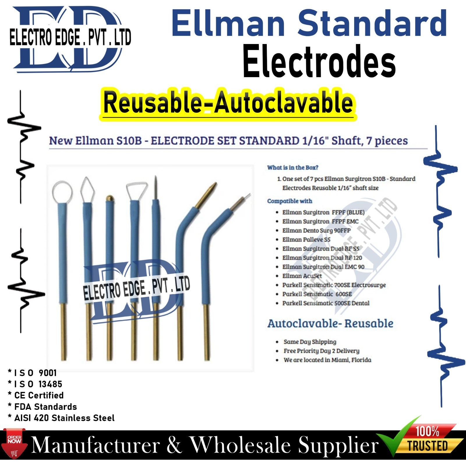 Ellman Surgitron Set of 14 Handpiece Electrodes Reusable Tungsten CE Certified