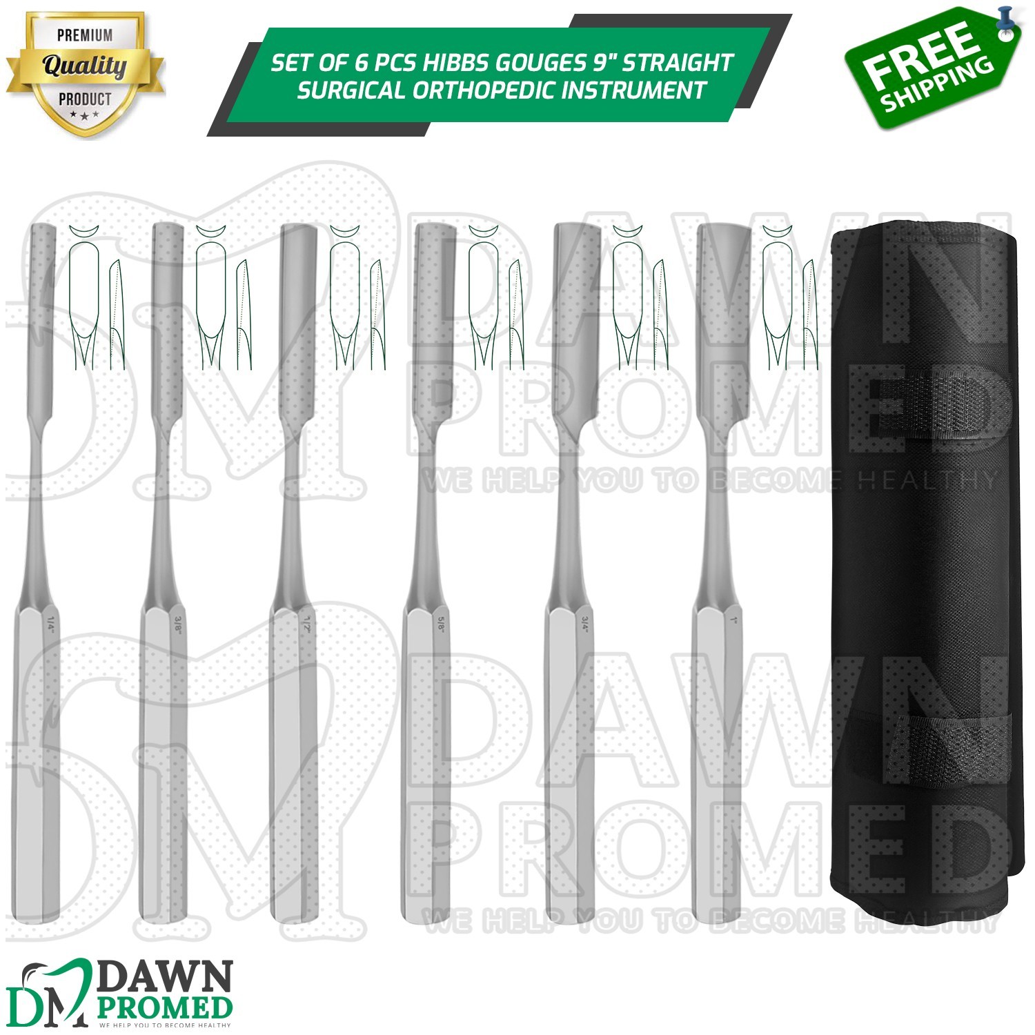 6 Pcs Hibbs Gouges Set Straight 1/4′” – 1″ Orthopedic Instrument German Grade