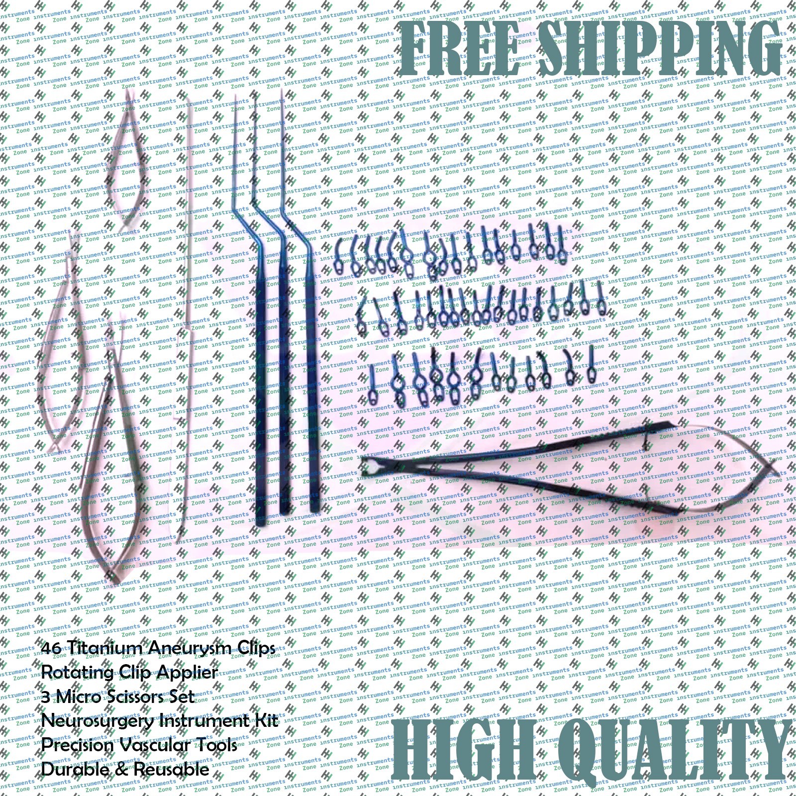 Aneurysm Titanium Clip Set 46pcs + 3 Micro Scissors & Rotating Clip Applier