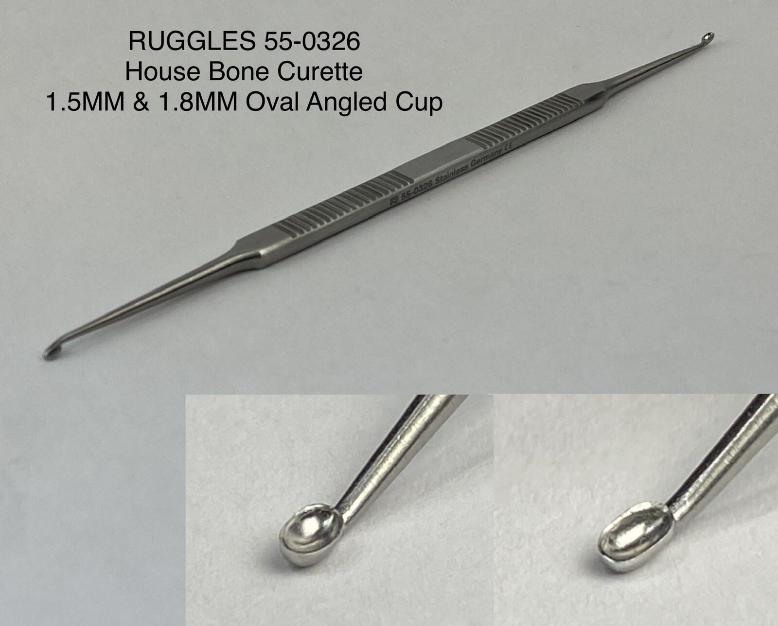 House Bone Curette 1.5mm 1.8mm Angled Oval Cups 5.75in Length RUGGLES 55-0326