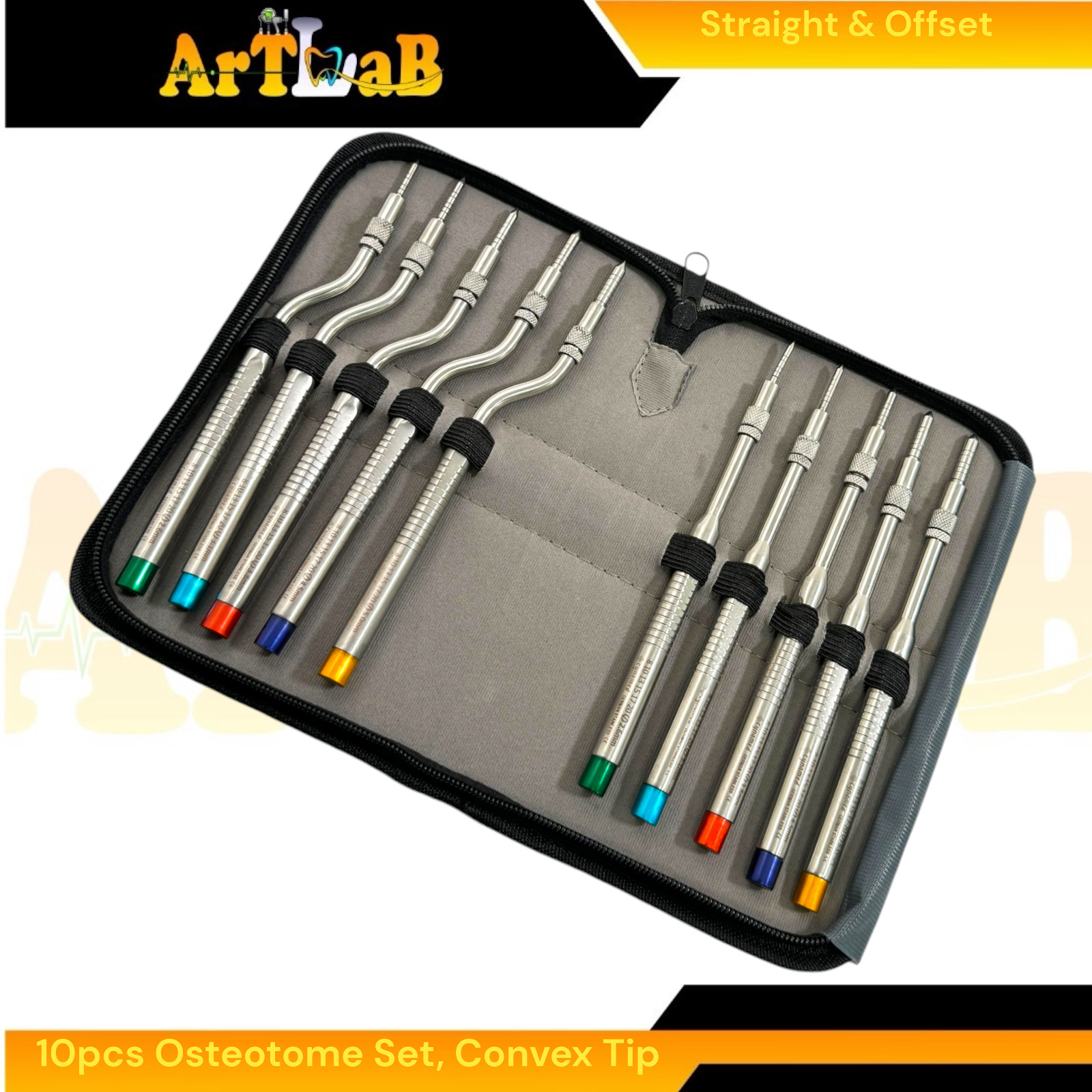 Graft Osteotome with Convex Point Tips, Color-Coded, Curved + Straight + Case