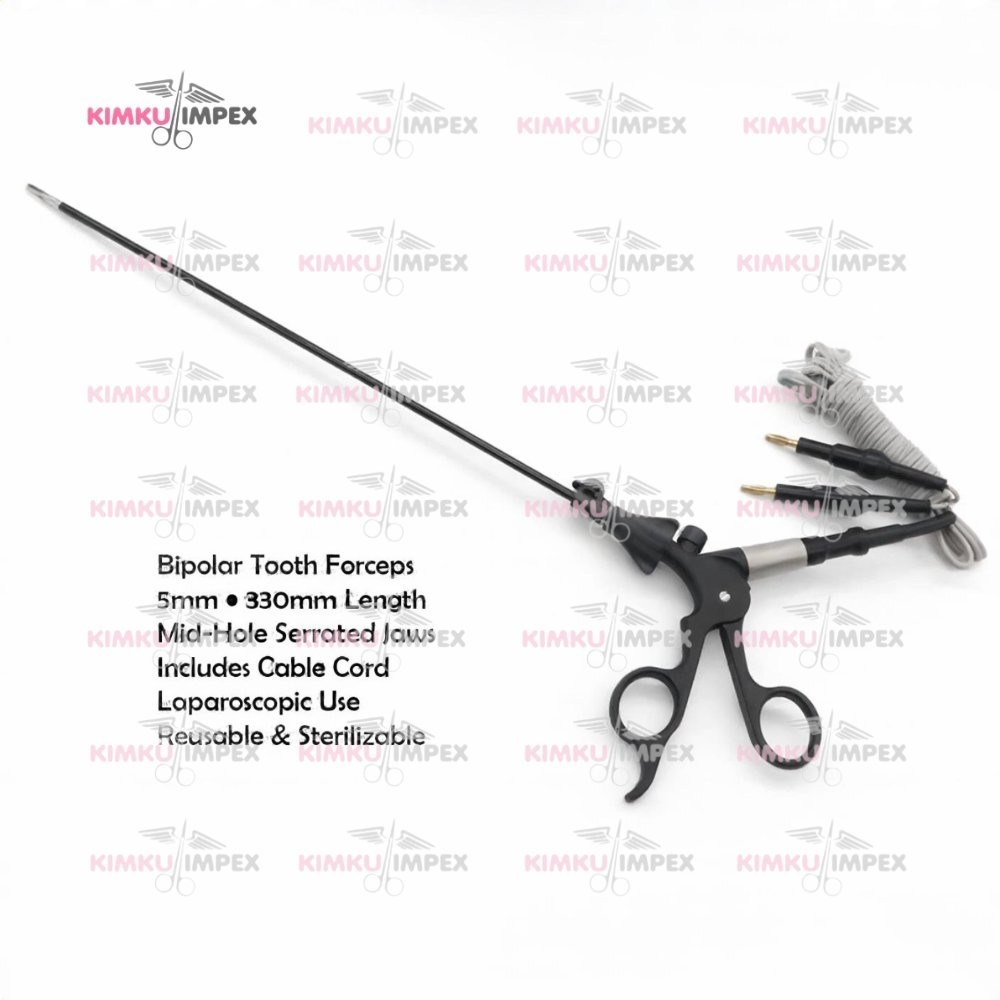 5mm Laparoscopic Bipolar Tooth Mid-Hole Forceps | 330mm w/ Cable Cord