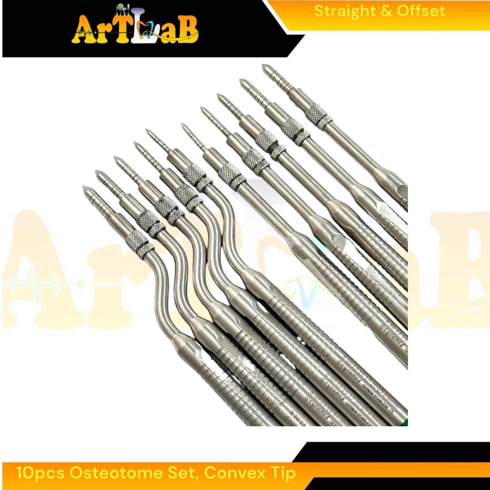 Graft Osteotome with Convex Point Tips, Color-Coded, Curved + Straight + Case