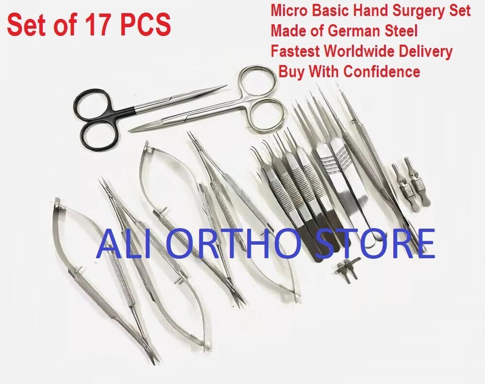 German Basic Micro Surgical Hand Surgery instruments Set of 17 Pcs with case CE