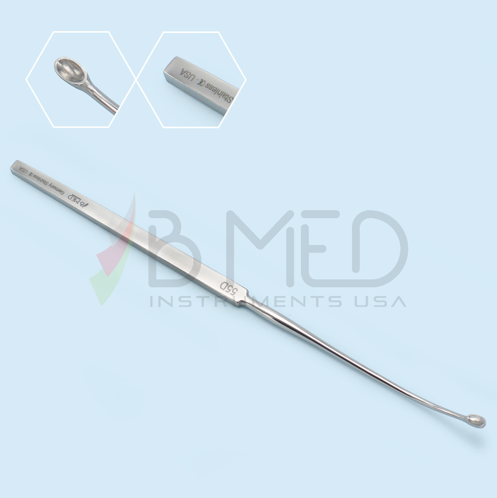 Frontal Sinus Curette 55° 7 1/2″ Curved 2mm x 5mm Oval Cup ENT Instruments