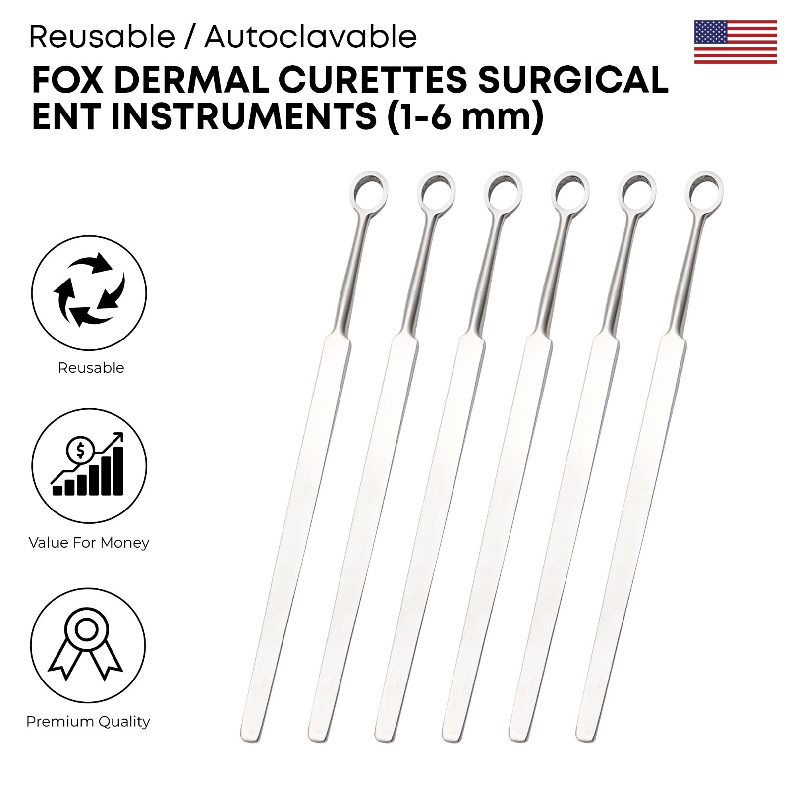6 Fox Dermal Curettes 1, 2, 3, 4, 5, 6 mm German Grade Surgical ENT Instruments