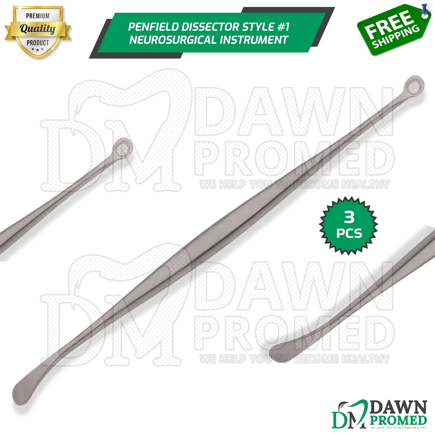 3 Penfield Dissector Style 1 Double Ended 6mm Sharp Cup & 6mm Blunt German Gr