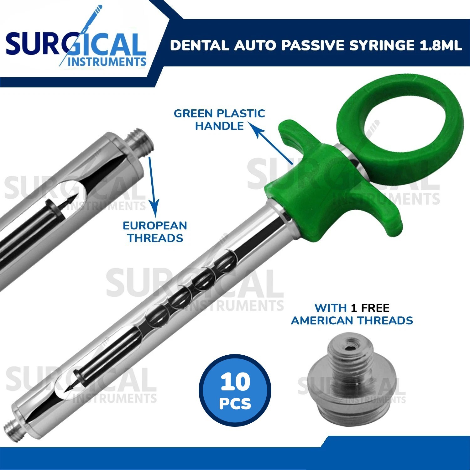 10 Pcs Dental Anesthetic Syringes 1.8ml Cartridge Auto Passive Green German Gr