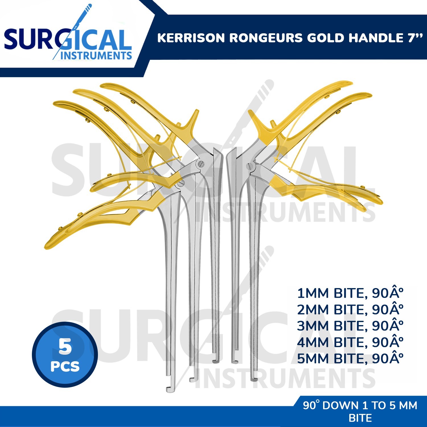 5 Pcs Kerrison Rongeurs 7″ 1, 2, 3, 4, 5mm 90 Degree Down Gold Handle German Gr