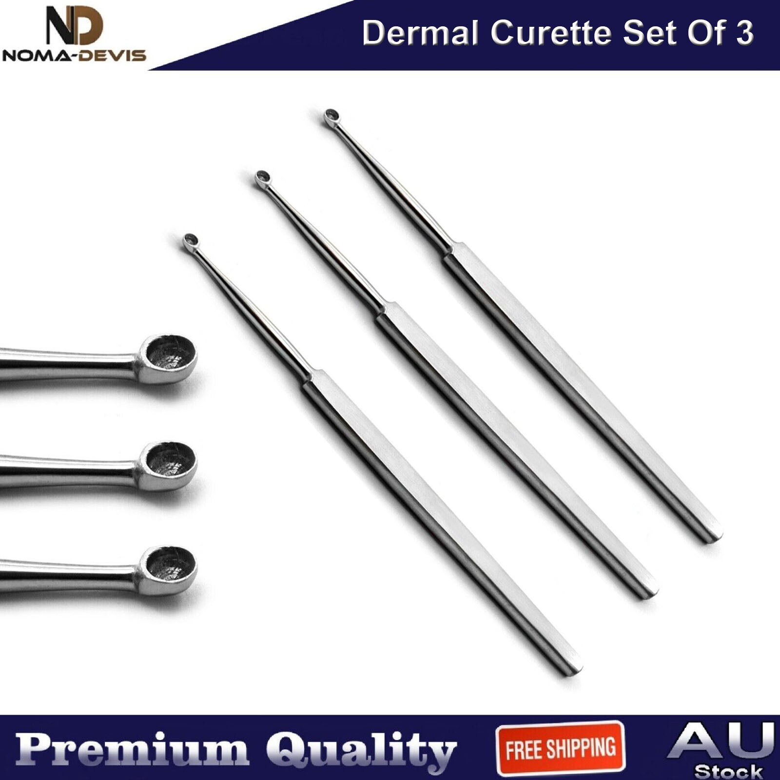 Surgical Dermal Curette Single End Scraper Dermatology Instruments Set Of 3