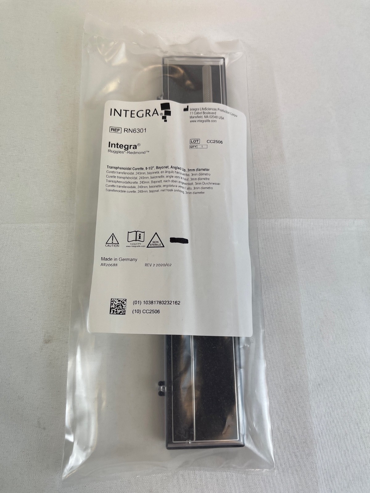 Ruggles Integra RN6301 Transphenoidal Ring Curette 9.5″ Bayonet 90° Up 3mm Tip