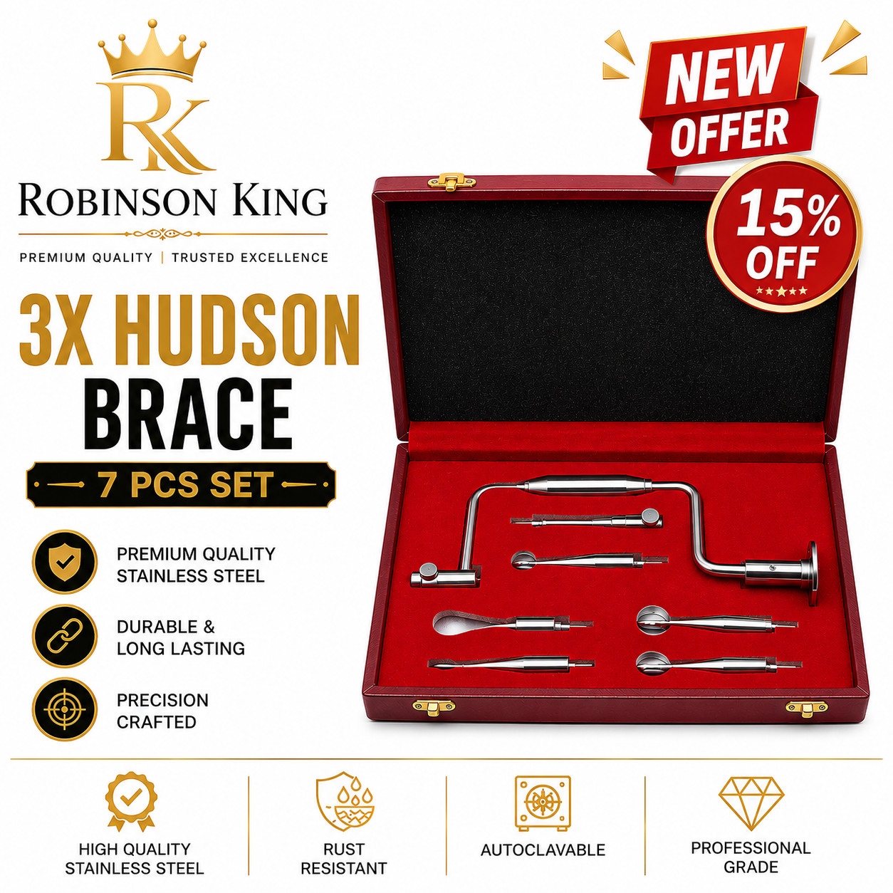 3X HUDSON BRACE HAND DRILL 7PCS SET SURGICAL ORTHOPEDIC INSTRUMENTS