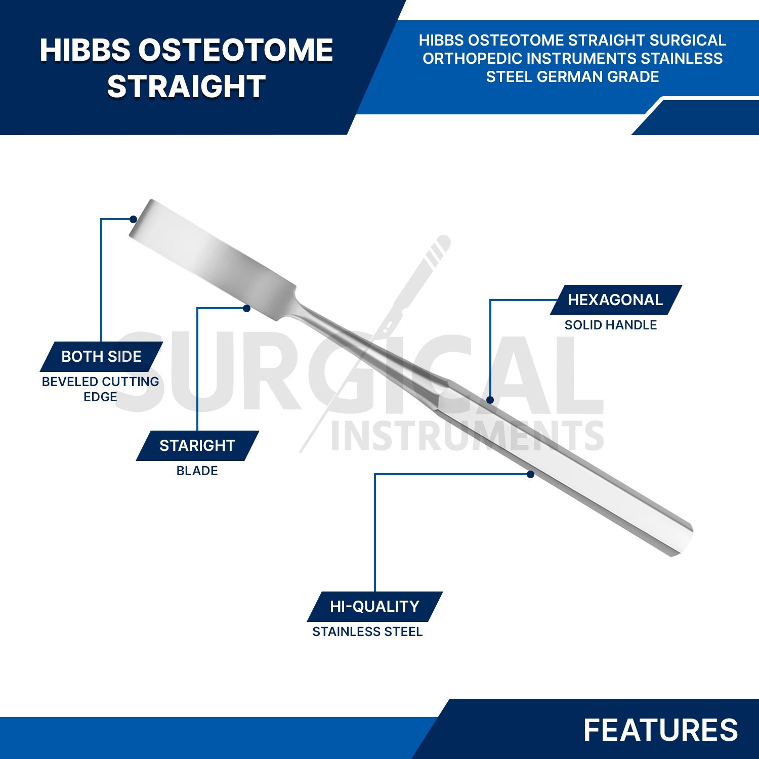 HIBBS Osteotome Surgical Orthopedic Instrument 9″ 1/2″ Straight German Grade