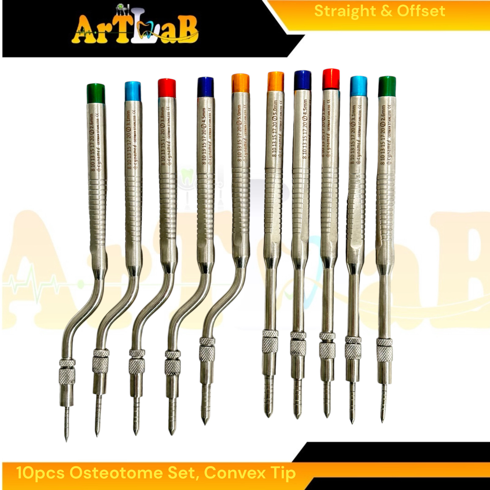 Graft Osteotome with Convex Point Tips, Color-Coded, Curved + Straight + Case