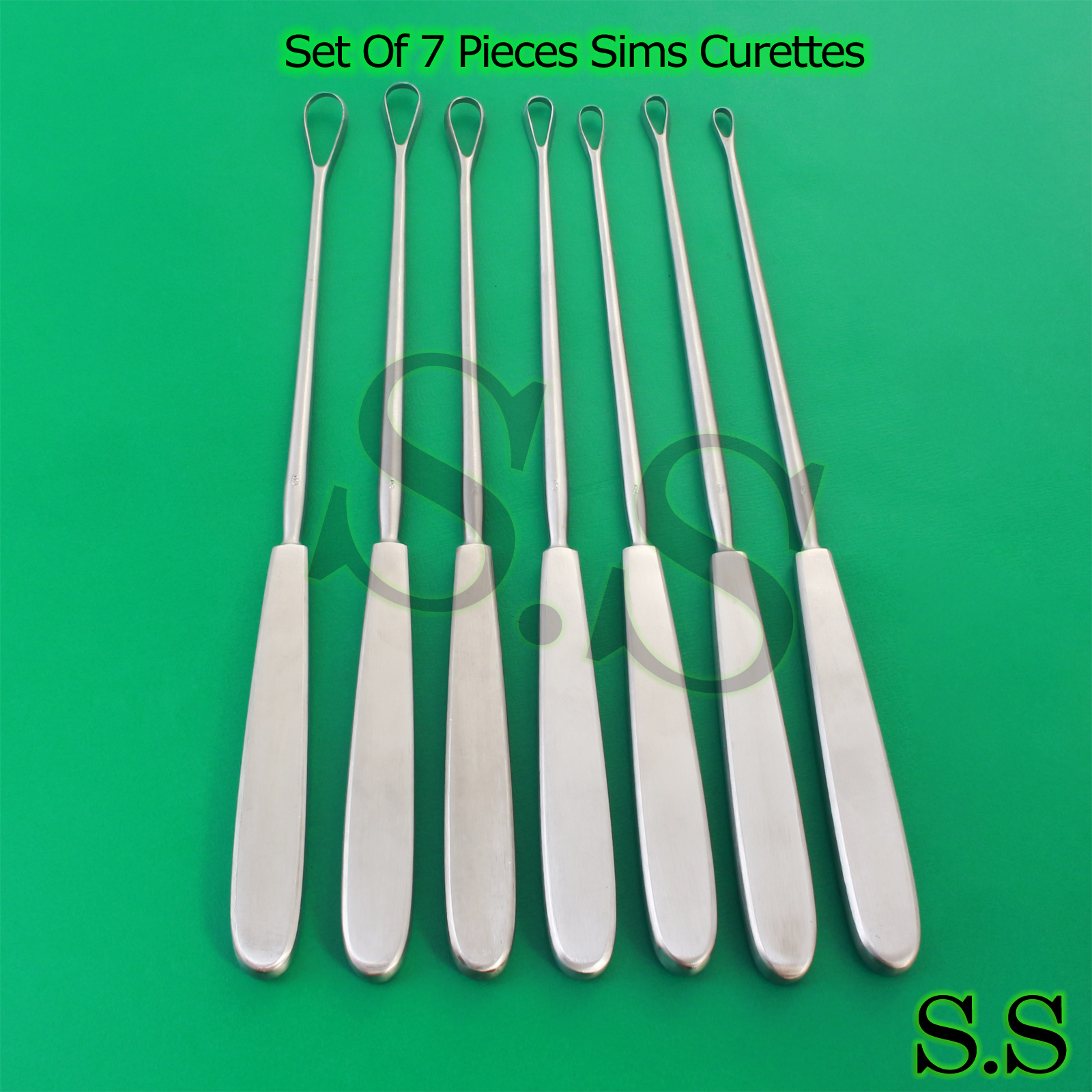 7 Sims Uterine Curettes 10.5″ #0,1,2,3,4,5,6 Sharp Surgical Instruments