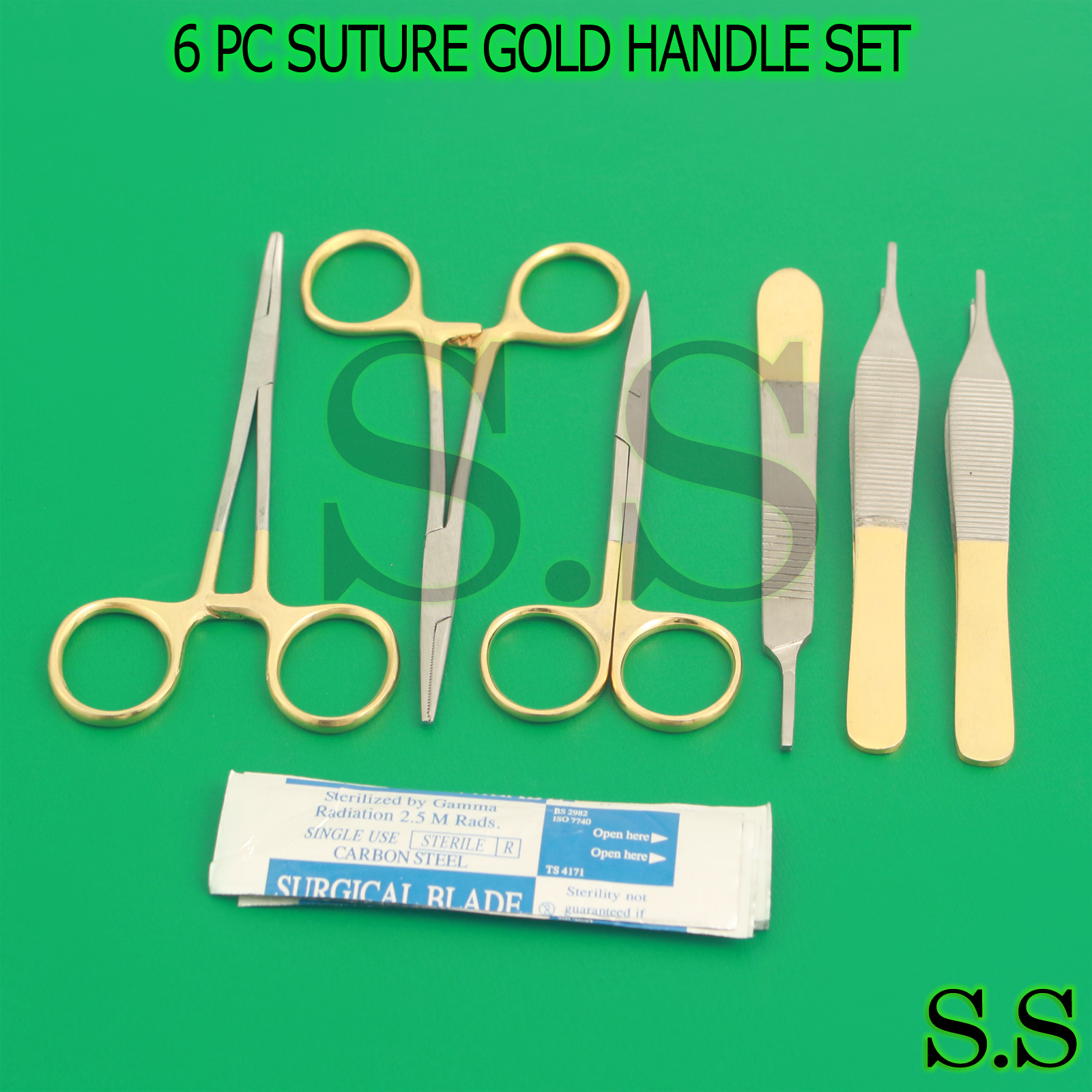 6 PC SUTURE GOLD HANDLE LACERATION SURGICAL INSTRUMENTS SET KIT+5 BLADE #15