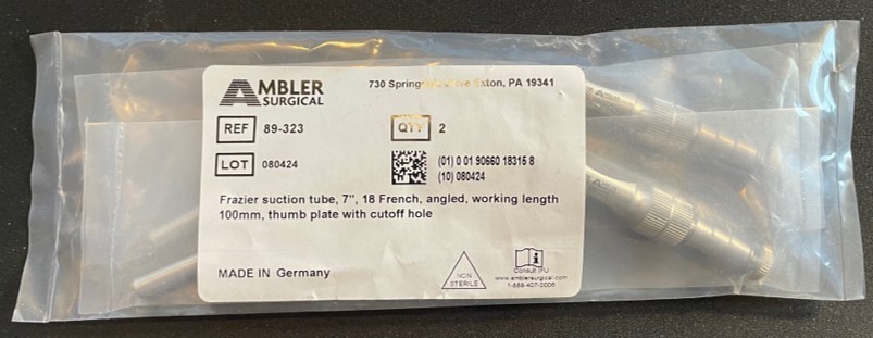 2 Ambler Surgical Frazier Suction Tubes – 7″, 18 French, Angled – Brand New!