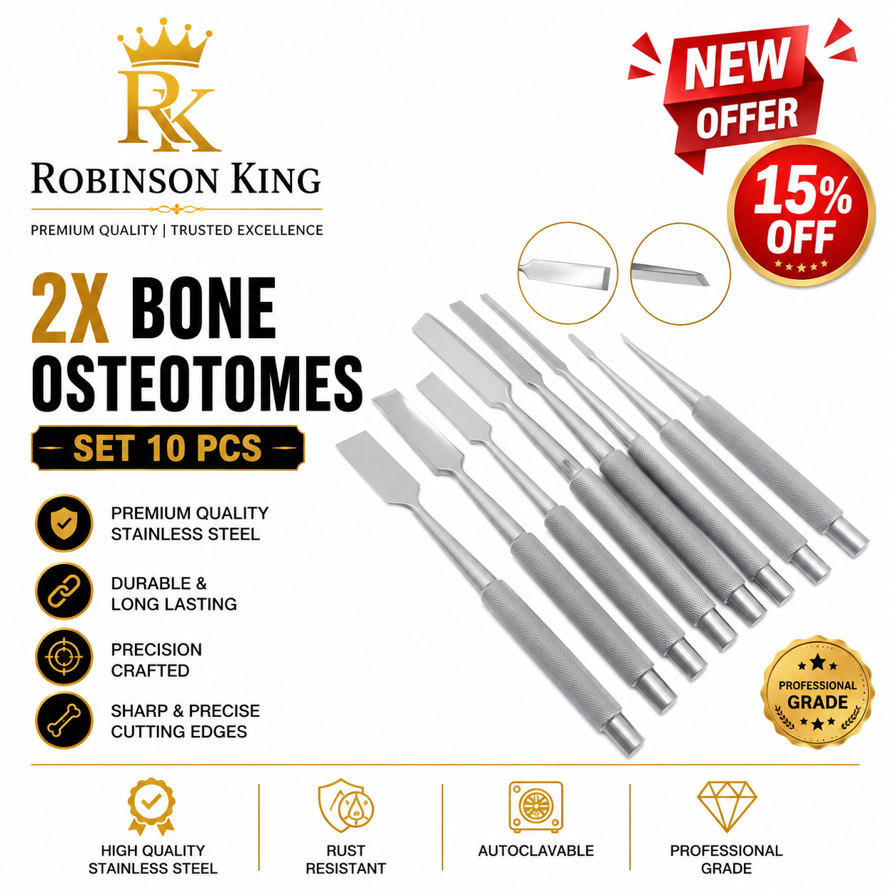 2X Bone Osteotomes Set 5 Pcs 6–16mm Orthopedic Surgical Instruments Set 15% Off