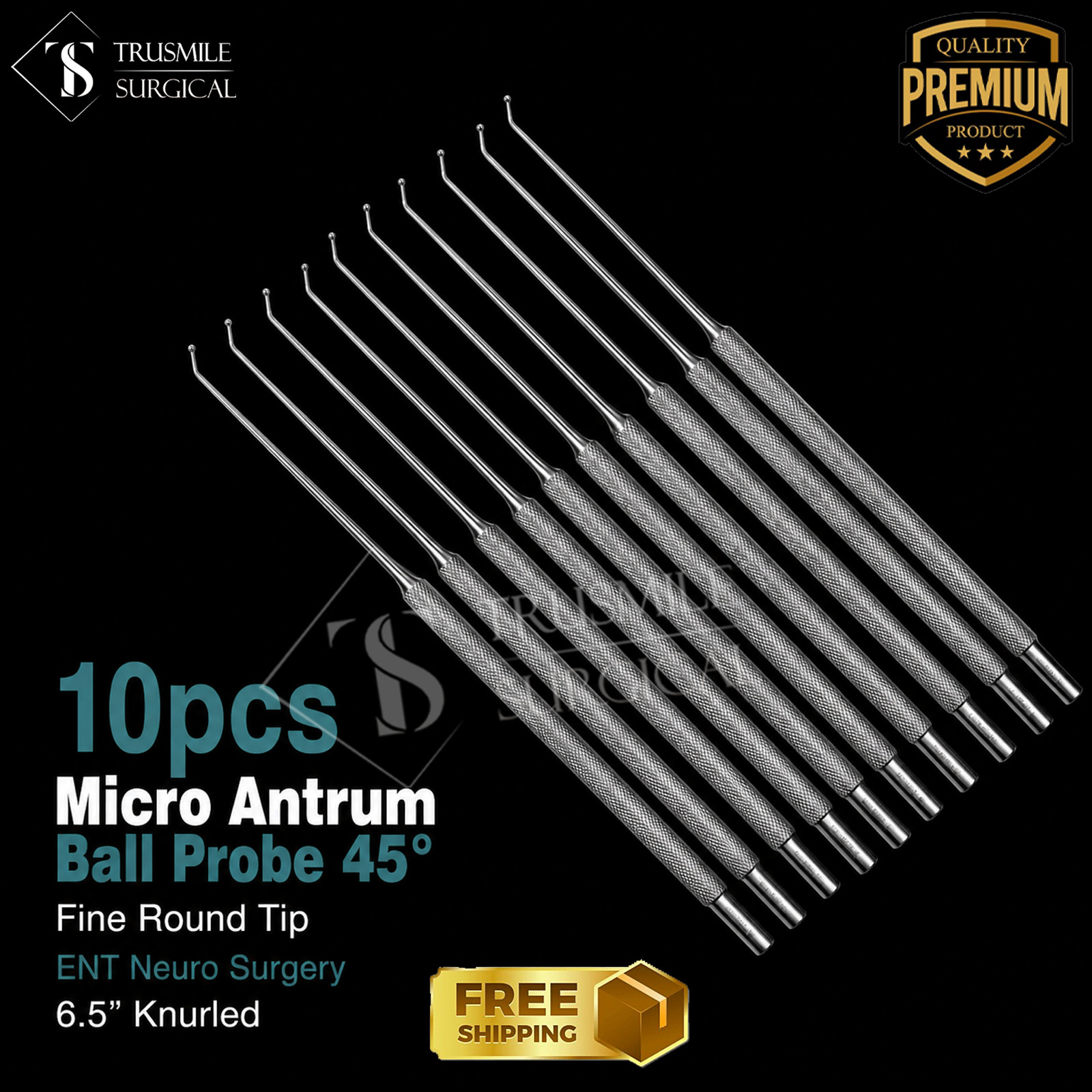 10pcs Micro Antrum Ball Probe 45° Fine Round Tip ENT Neuro Surgery 6.5” Knurled