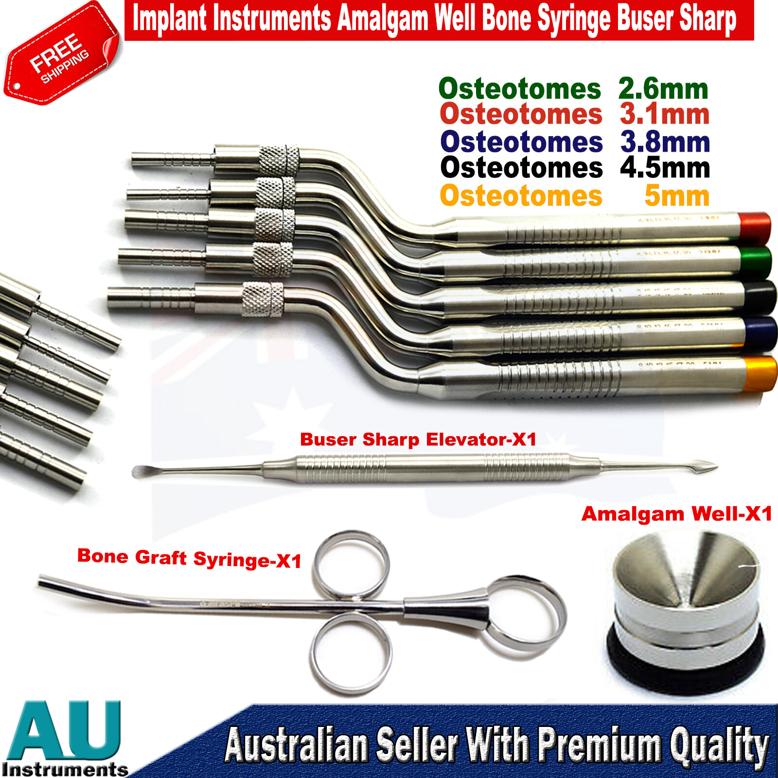 Osteotome Elevators Curved Amalgam Well Bone Graft Syringe & Buser Sharp Implant
