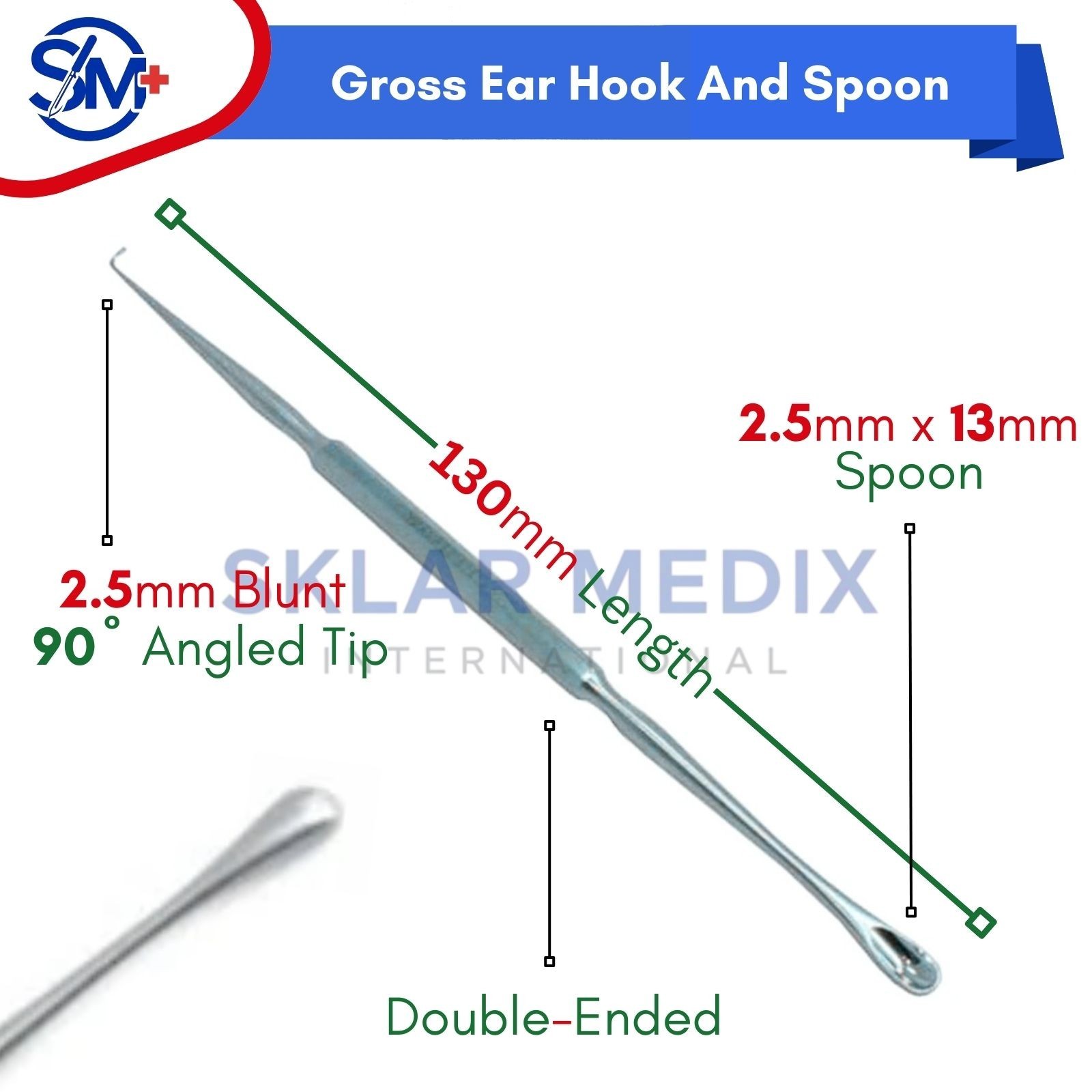 OR Grade Gross Ear Hook And Spoon 2.5mm Angled 90º Hook ENT Surgical Instruments
