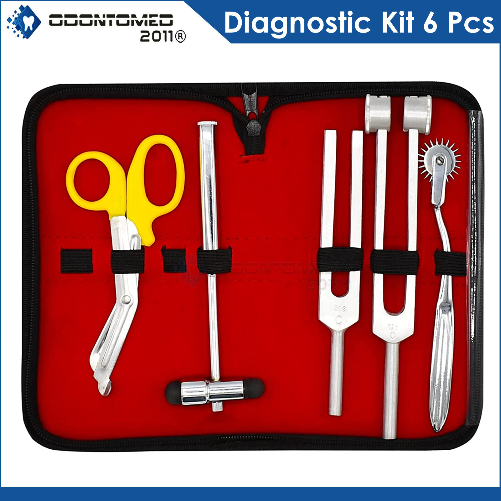 Reflex Hammer Penlight Tuning Fork Bandage Scissors Pinwheel Diagnostic Kit 6Pcs