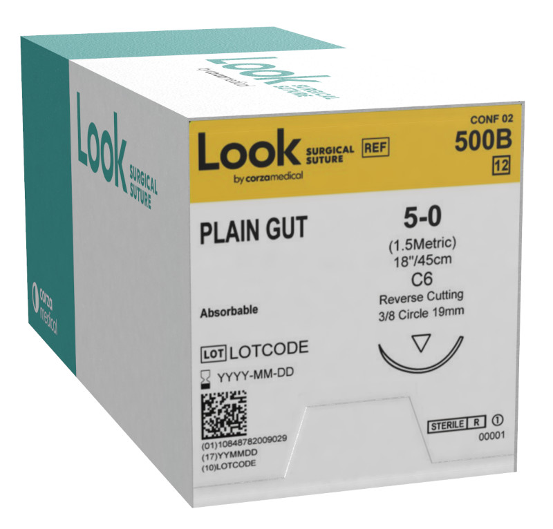 Look X500B Plain Gut Absorbable Sutures 5-0 18” C6 3/8 Circle 19mm 12/Pk