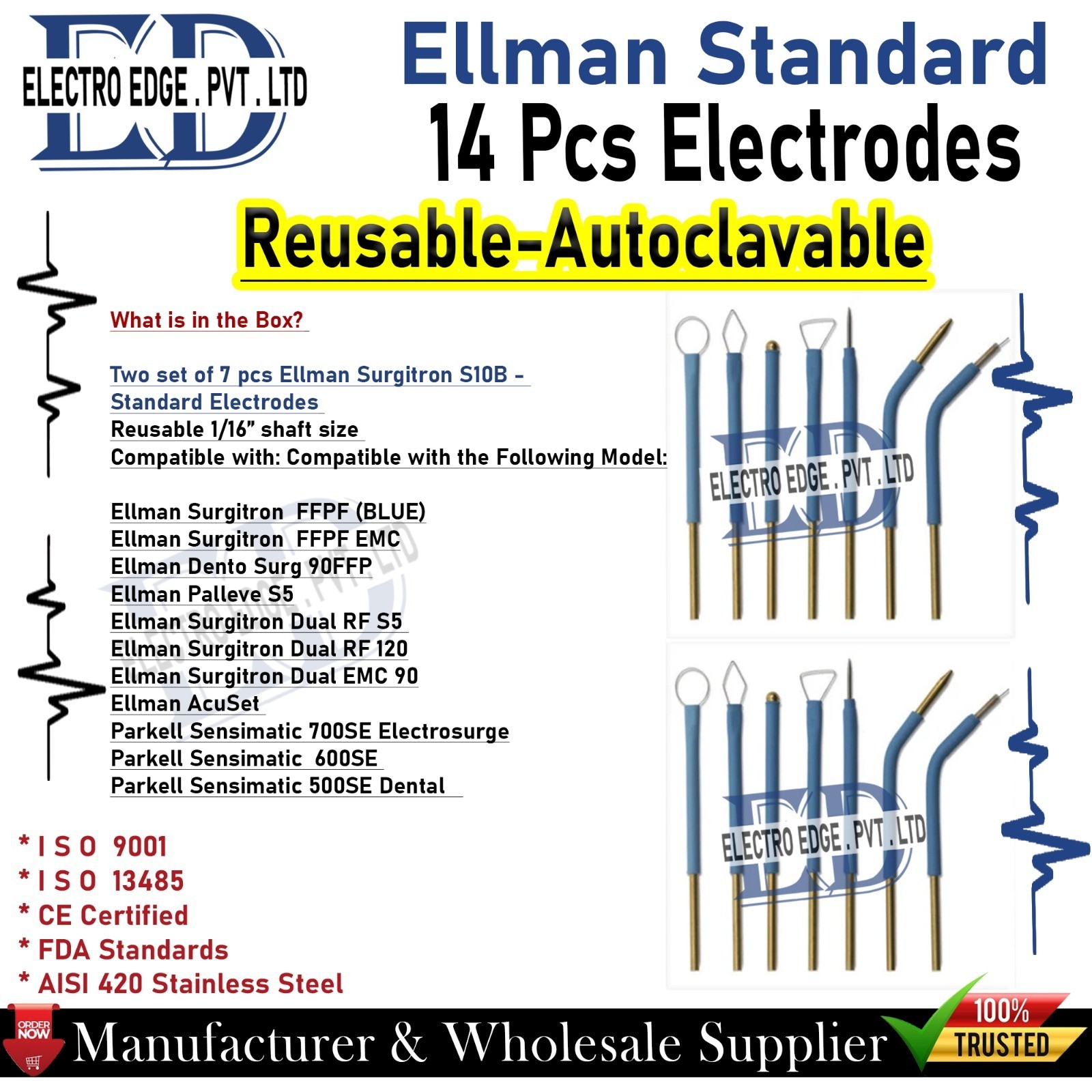 Ellman Surgitron Set of 14 Handpiece Electrodes Reusable Tungsten CE Certified