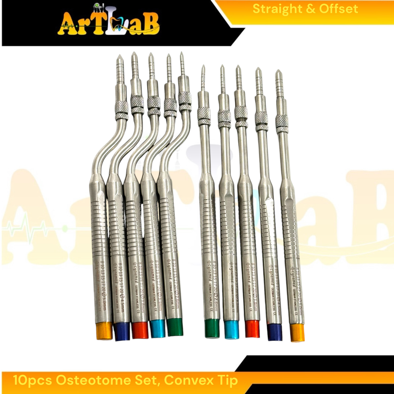 Graft Osteotome with Convex Point Tips, Color-Coded, Curved + Straight + Case